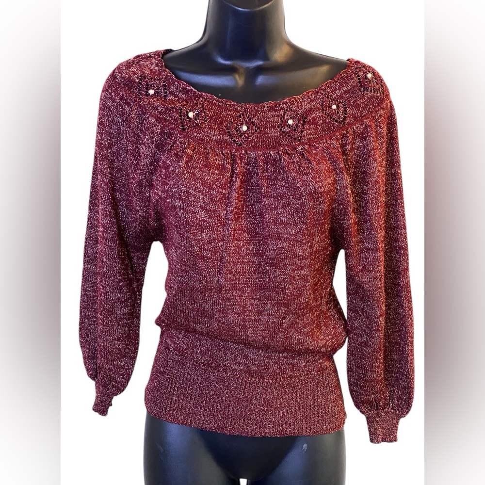 ESSENSE VINTAGE 70’s metallic red gold knit 3/4-sleeve top with pearl details. S